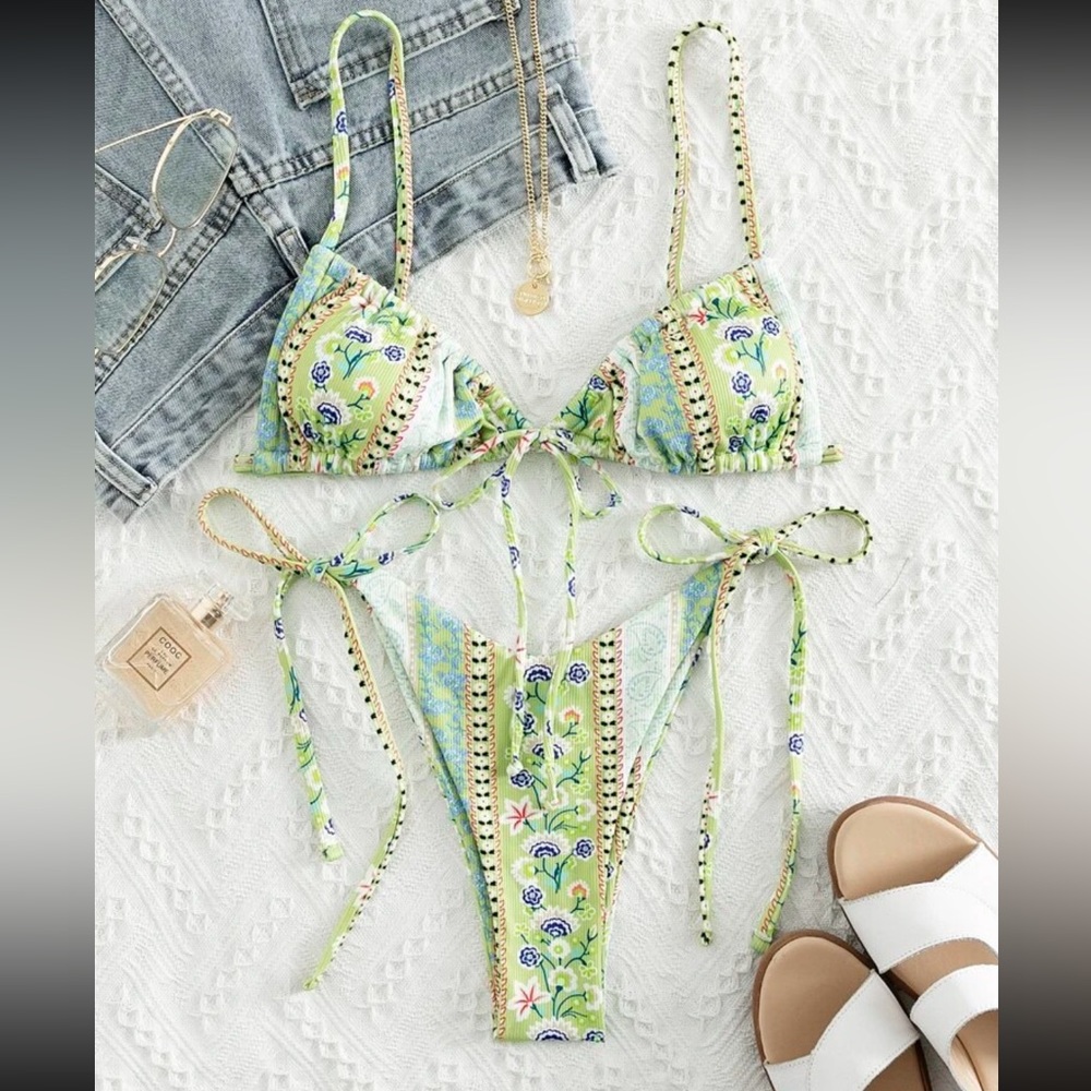 Shein Paisley Green Tie Bikini Woman’s Size S New With Tags